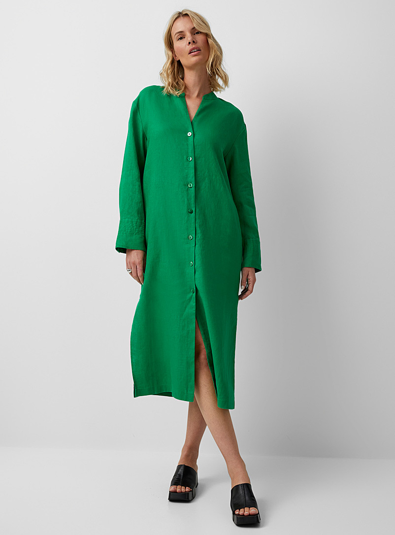 Contemporaine Bottle Green Pure linen maxi shirtdress for women