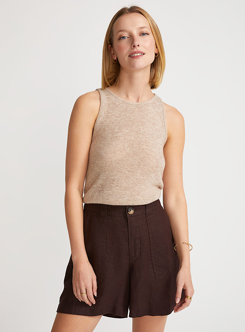Contemporaine Dark Brown Patch pockets pure linen shorts for women