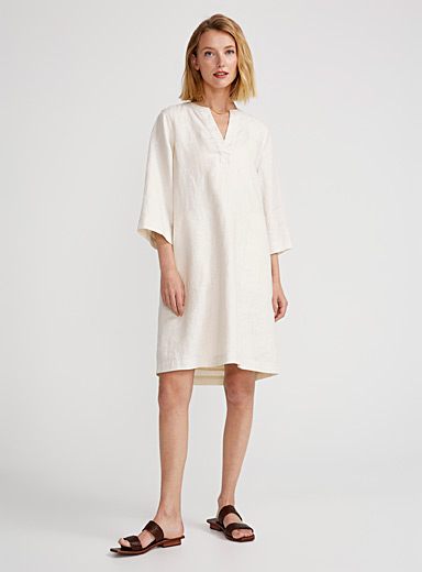 Contemporaine Ecru/Linen Pure linen slit-collar dress for women