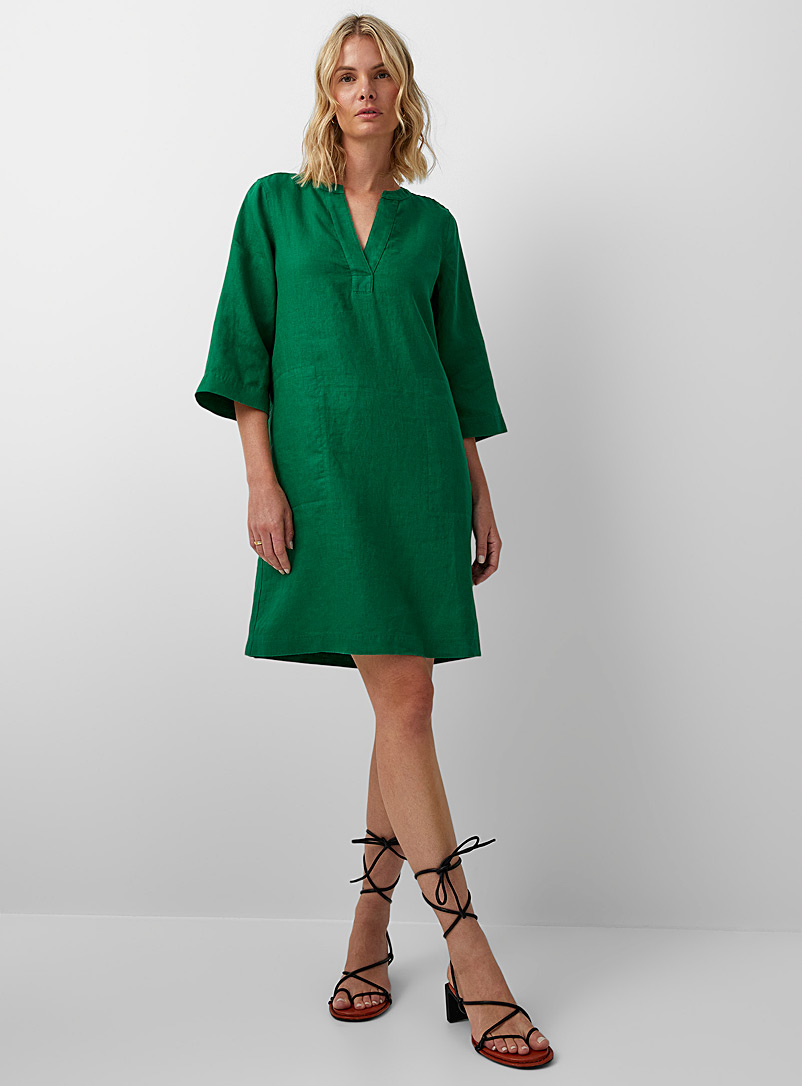 Contemporaine Bottle Green Pure linen slit-collar dress for women