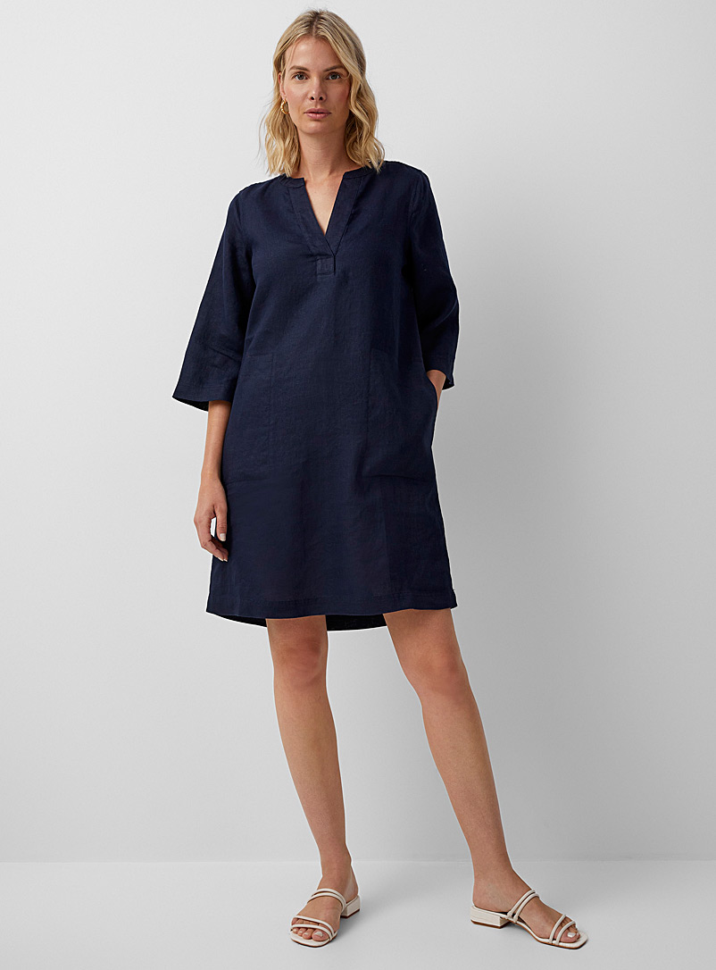 Contemporaine Marine Blue Pure linen slit-collar dress for women