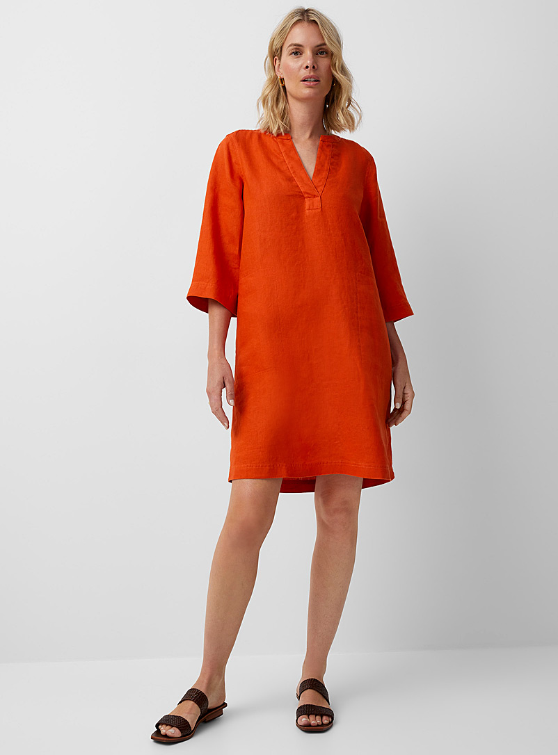 Contemporaine Tangerine Pure linen slit-collar dress for women