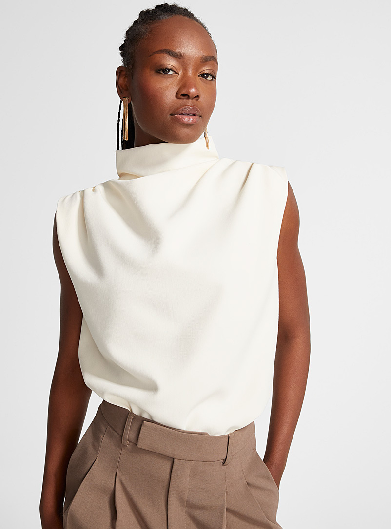 Icône: La blouse drapée col montant Ivoire blanc os pour femme