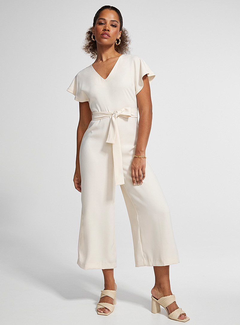 Icône Ivory White Belted cap-sleeve jumpsuit for women