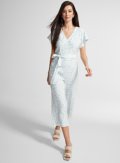 Icône Patterned White Belted cap-sleeve jumpsuit for women