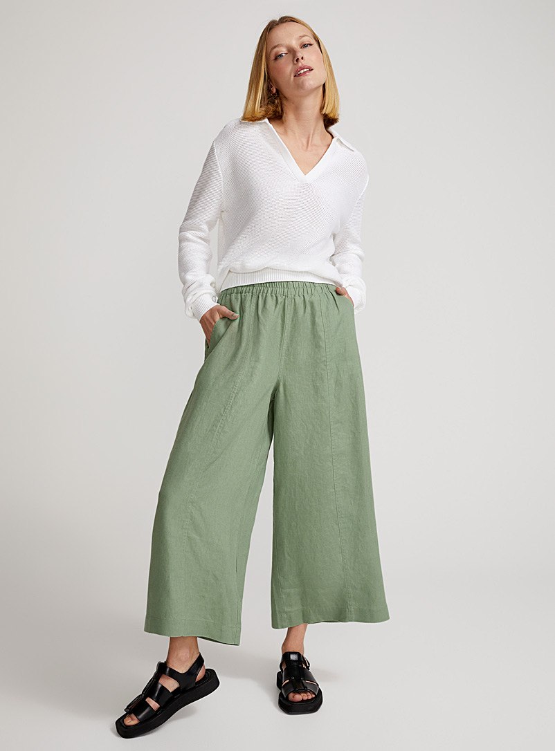 Contemporaine Green Pure linen wide-leg cropped pant for women