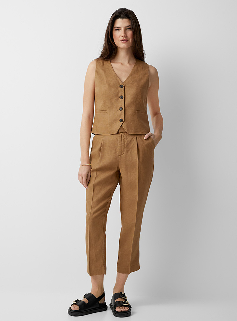 Contemporaine Brown Pleated pure linen pant for women