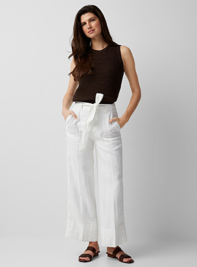 Contemporaine White Wide-cuff pure linen pant for women