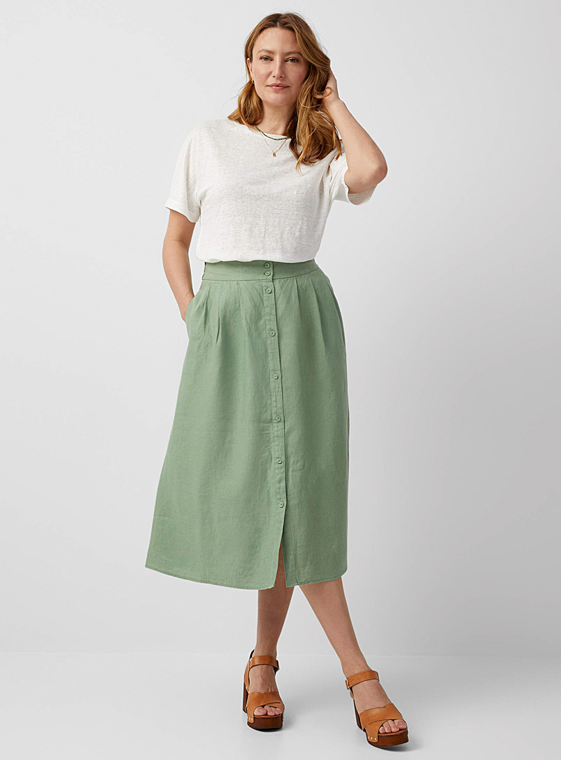 Contemporaine Green Pure linen buttoned midi skirt for women