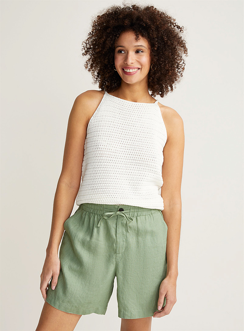 Contemporaine Green Pure linen elastic waist shorts for women