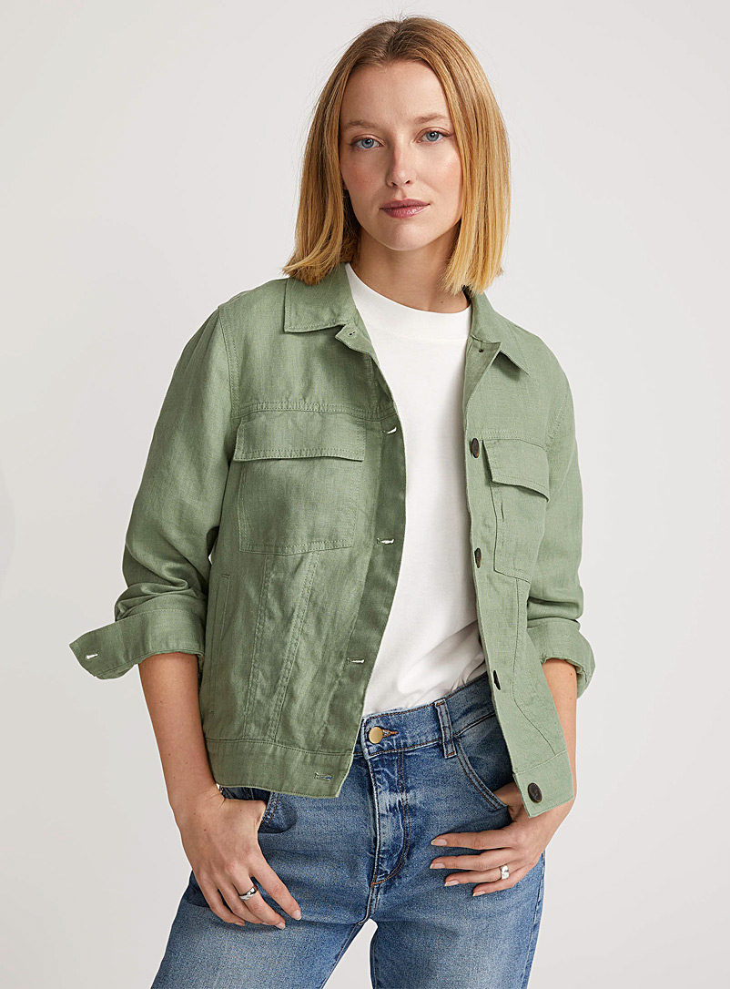 Contemporaine Green Multiple pockets pure linen jacket for women