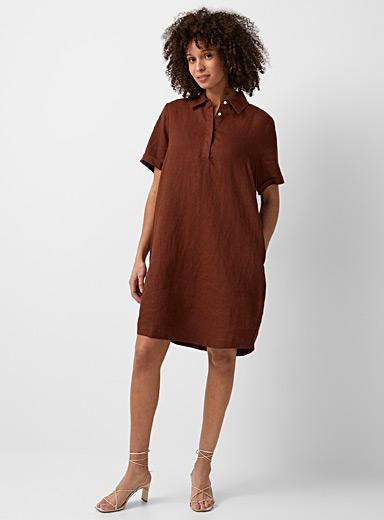 Contemporaine Brown Minimalist pure linen shirtdress for women