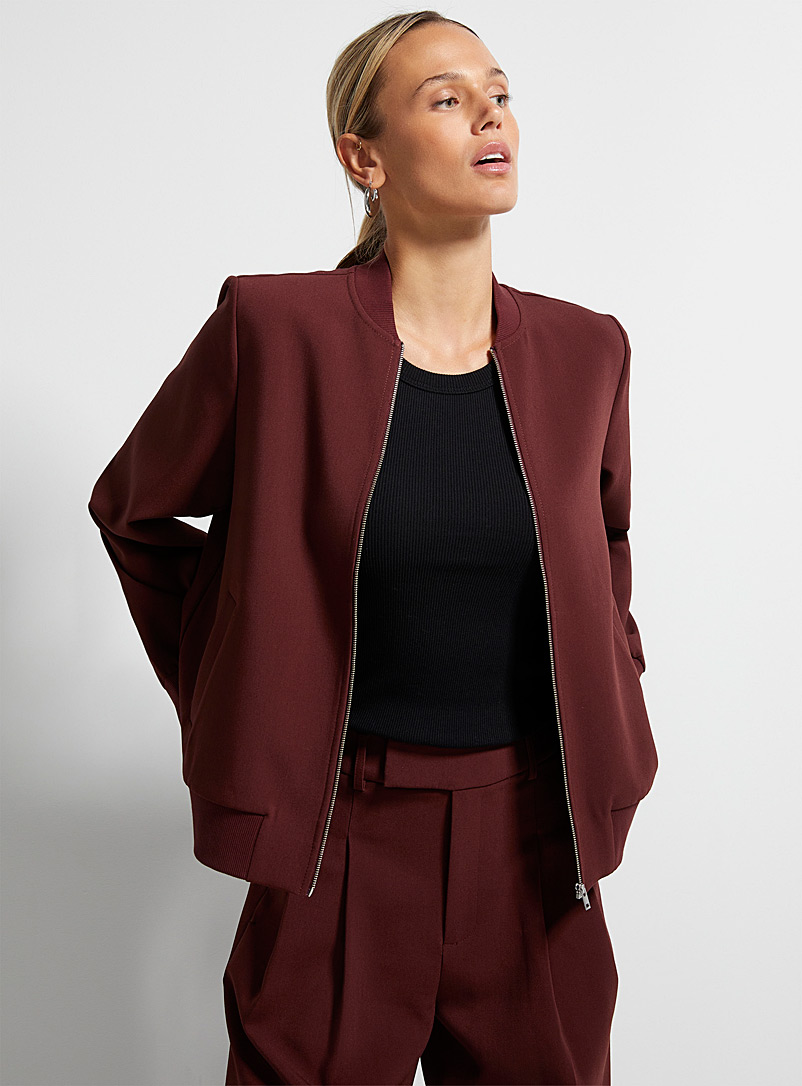 Icône Burgundy Structured crepe minimalist bomber jacket for women