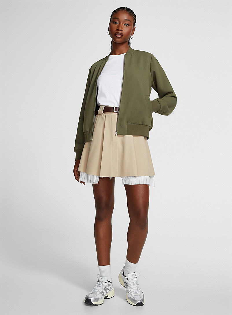 Icône Mossy Green Structured crepe minimalist bomber jacket for women