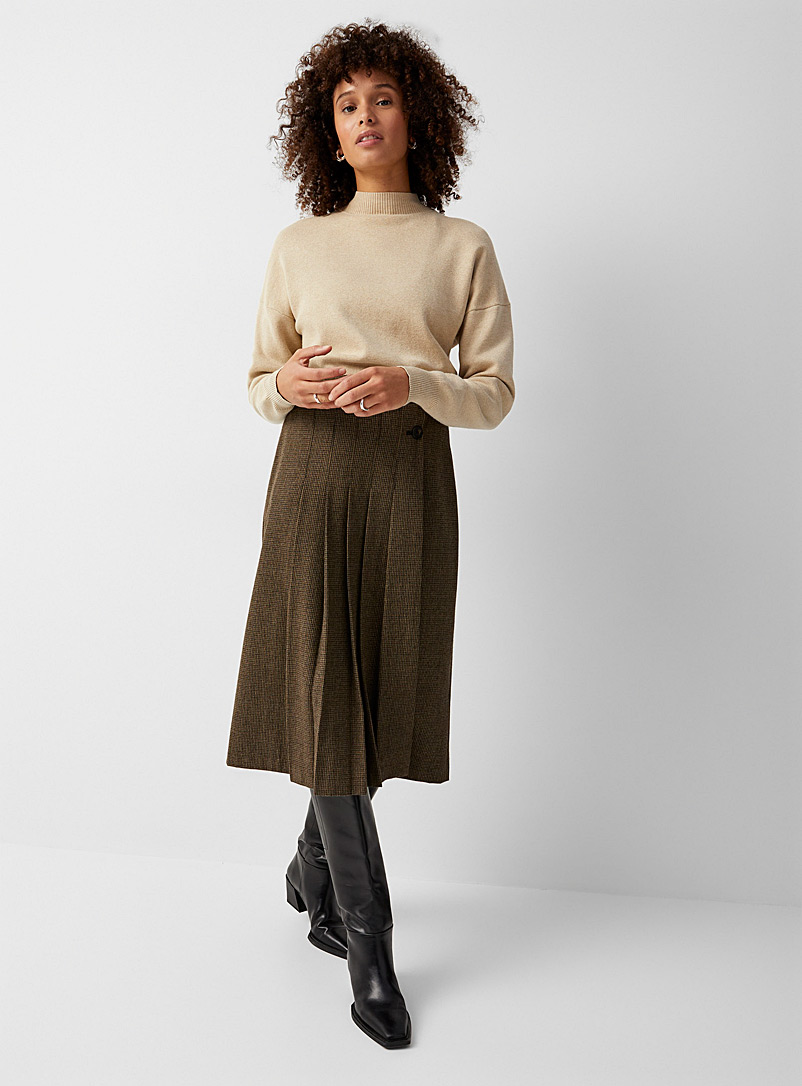 Contemporaine Patterned Brown Micro-checkers wool pleated skirt for women