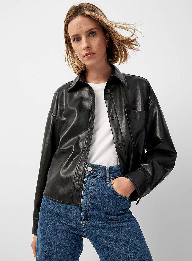 Contemporaine Black Supple boxy-fit faux-leather shirt for women