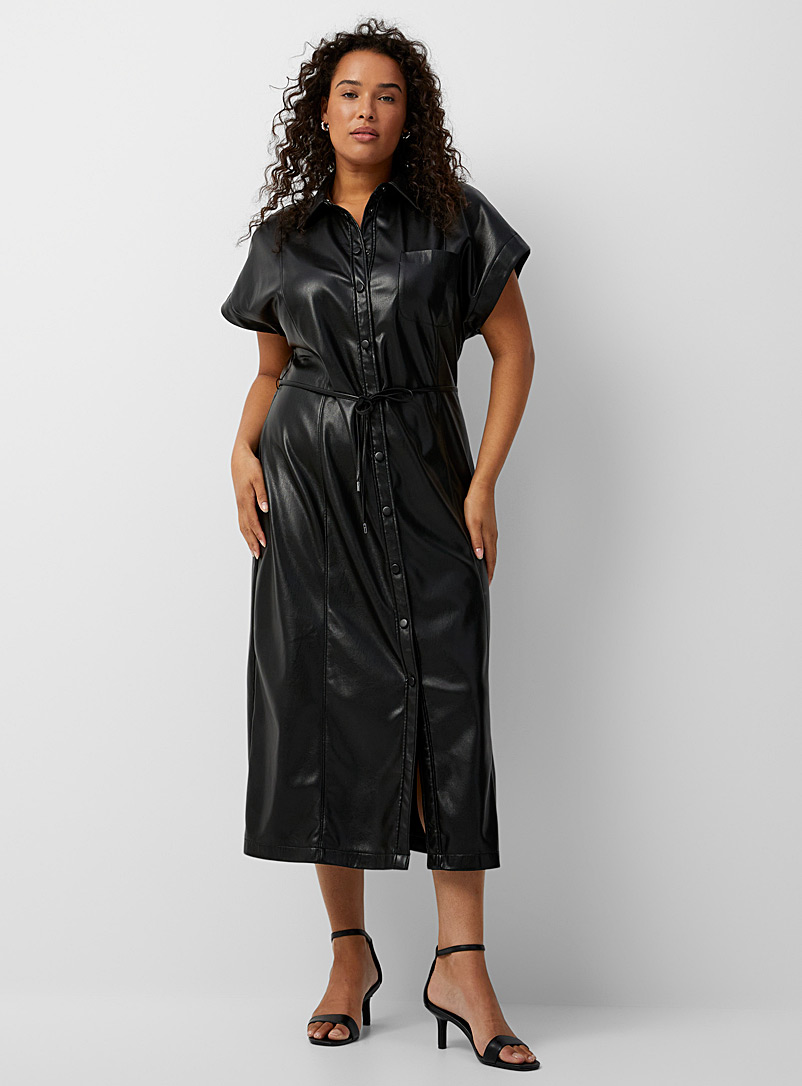 Contemporaine Black Cap-sleeve buttoned faux-leather dress for women