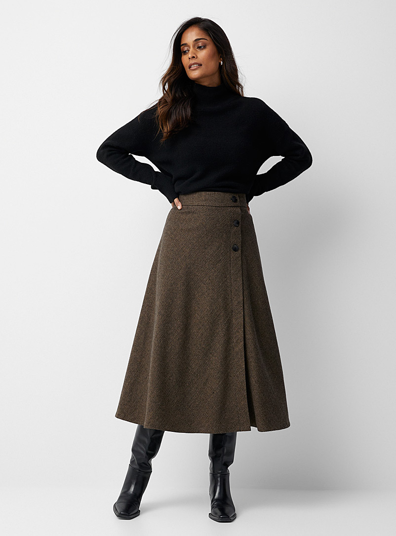 Contemporaine Patterned Grey Herringbone knit buttoned skirt for women