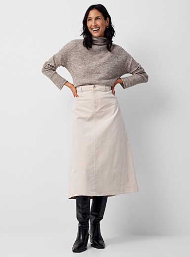 Contemporaine Ivory White Fine corduroy midi skirt for women
