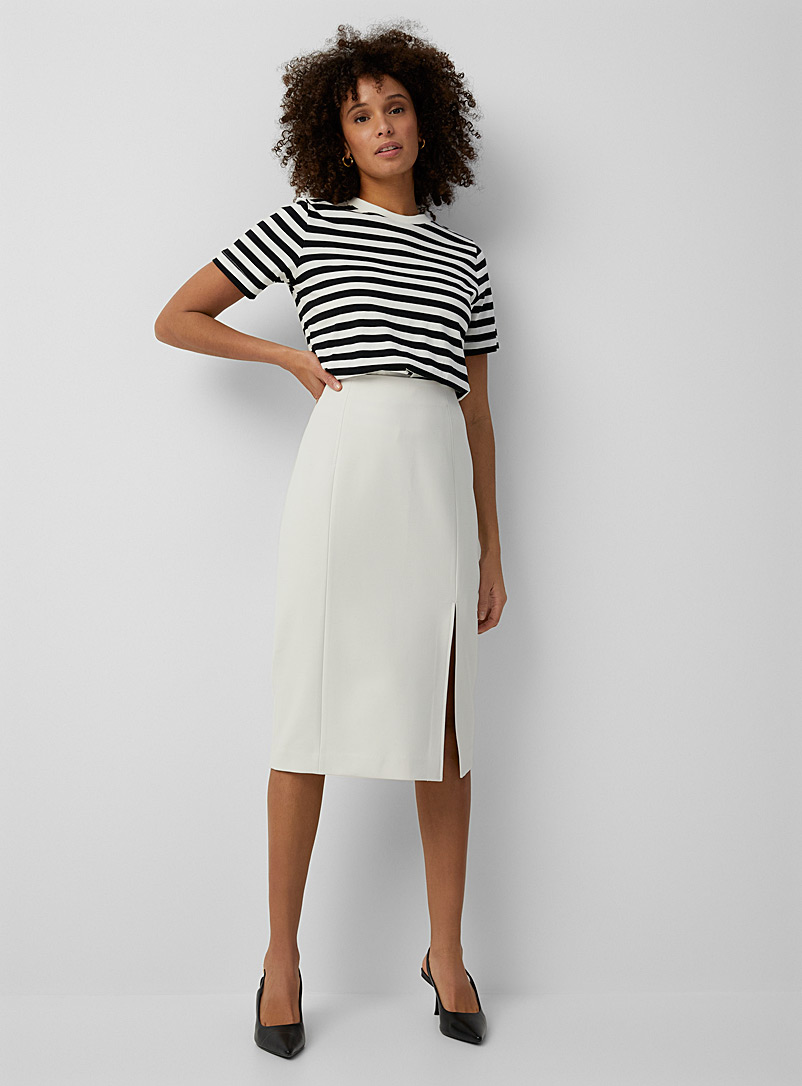 Contemporaine Ivory/Cream Beige Slit stretch midi skirt for women