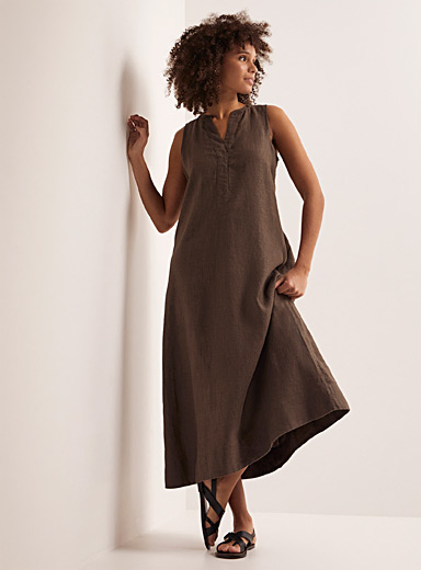 Contemporaine Khaki Organic linen slit-collar dress for women