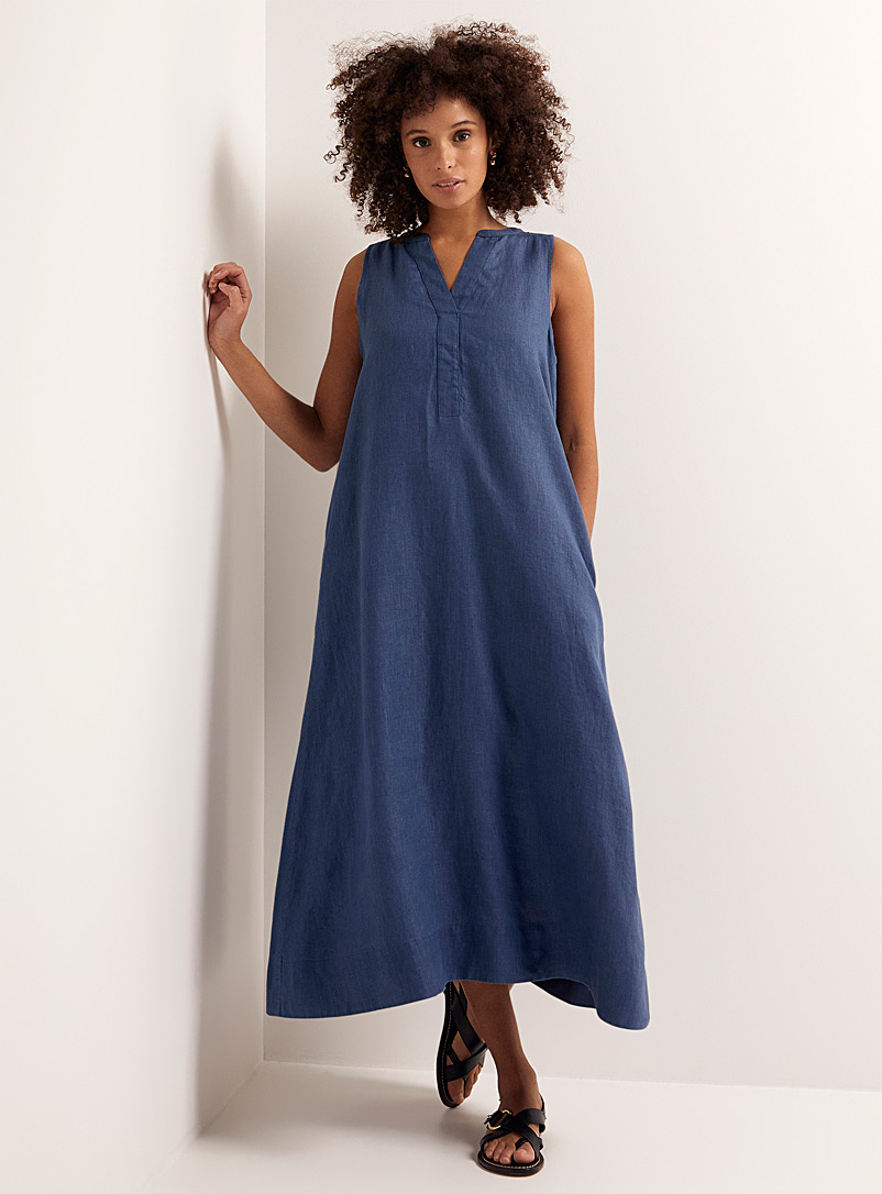 Contemporaine: La robe col fente lin bio Bleu moyen-ardoise pour femme