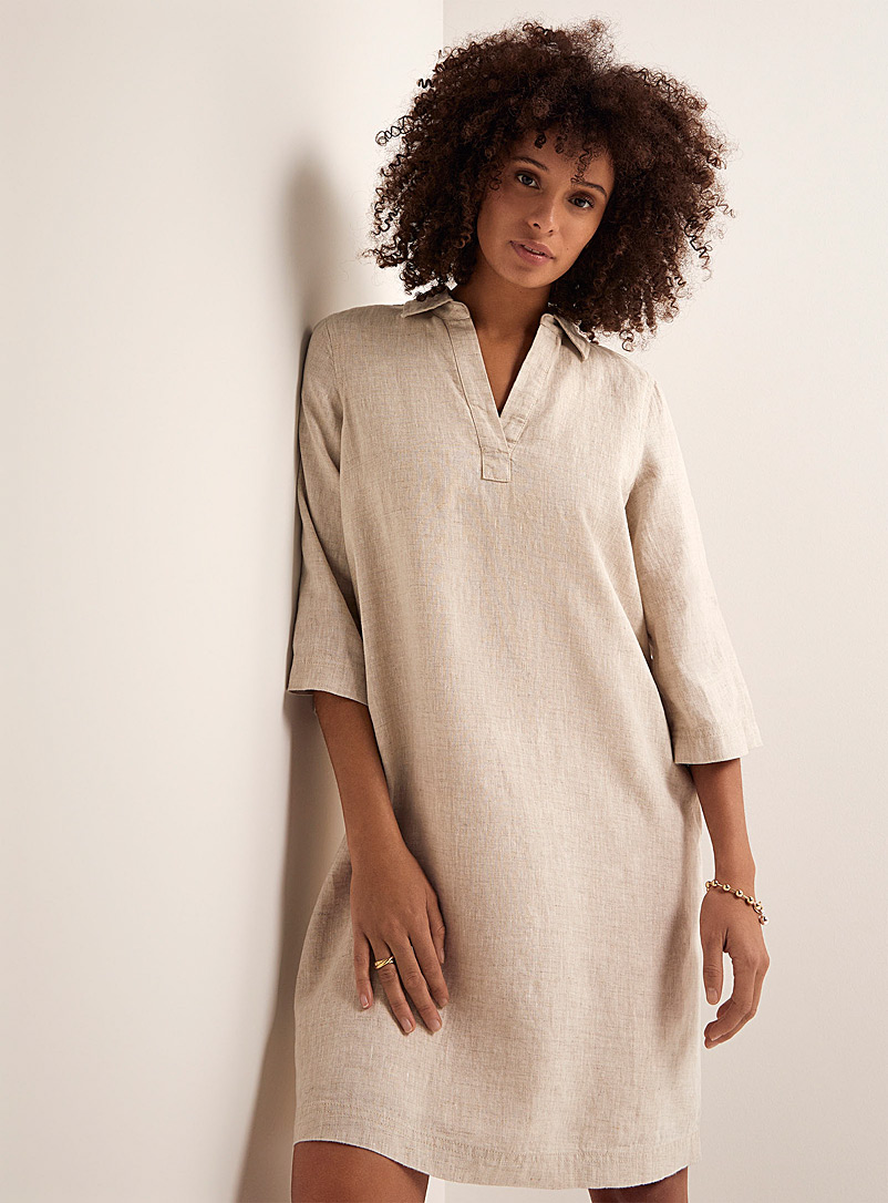 Contemporaine Ecru/Linen Organic linen shirt-collar dress for women