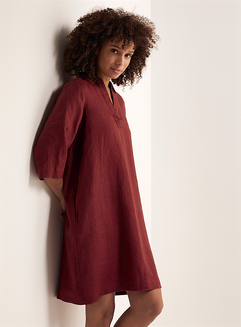 Contemporaine Medium Brown Pure linen shirt-collar dress for women