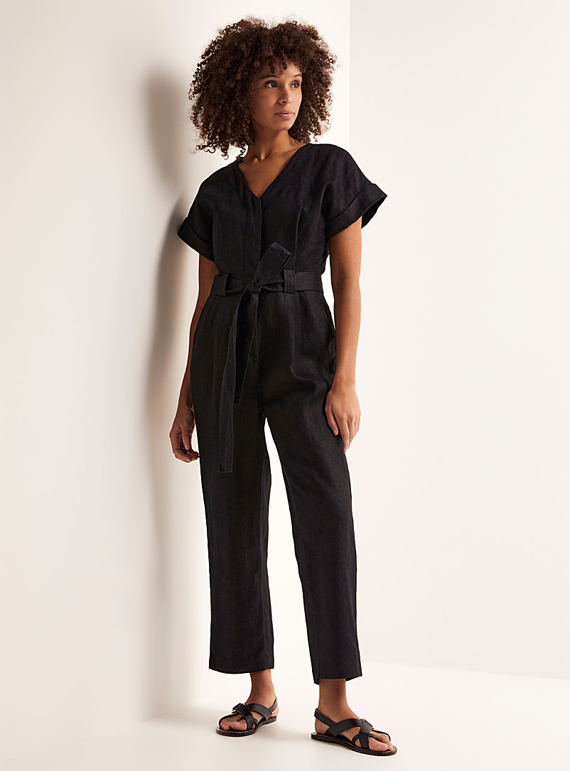 Contemporaine Black Organic linen belted jumpsuit for women