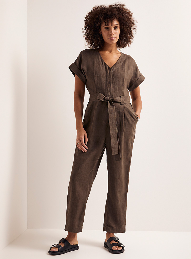 Contemporaine Khaki Organic linen belted jumpsuit for women