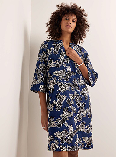 Contemporaine Patterned Blue Organic linen floral sketch dress for women