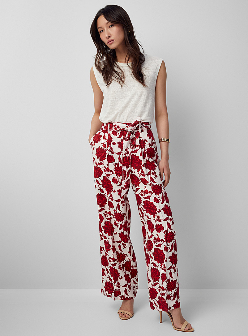 Contemporaine Patterned Red Pure linen belted wide-leg pant for women