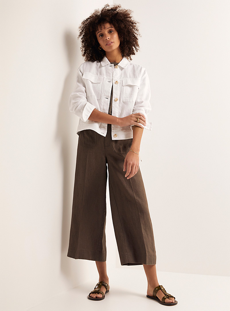 Contemporaine Mossy Green Patch pockets pure linen cropped pant for women