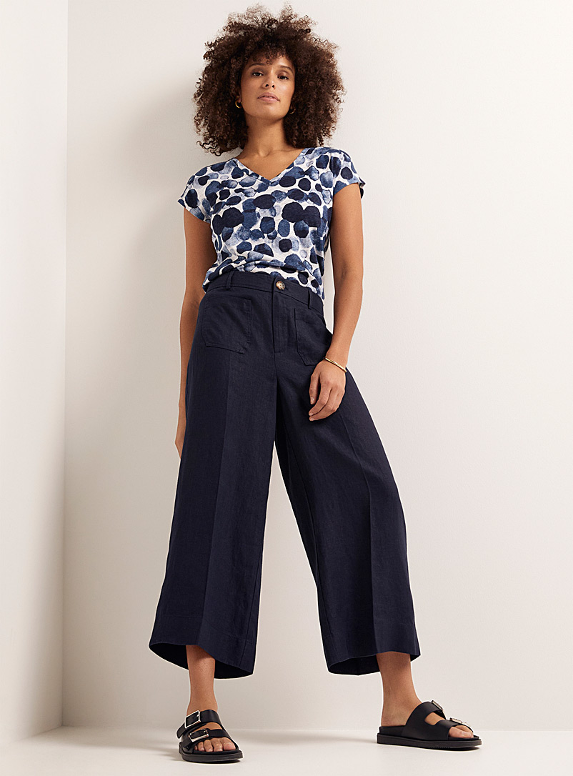 Belted pure linen wide-leg cropped pant