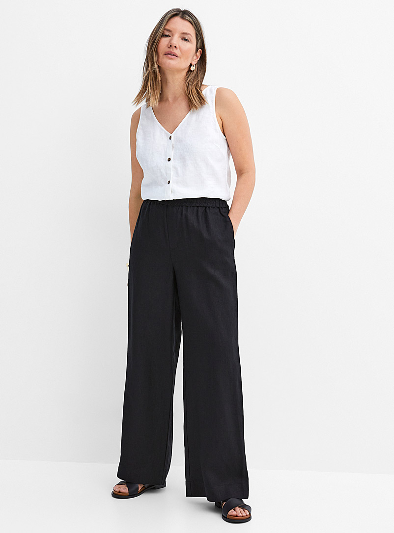 Contemporaine: Le pantalon large pur lin taille confort Noir pour femme