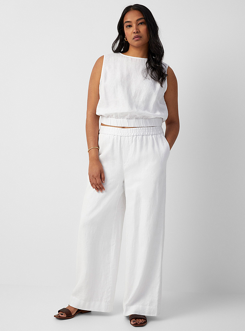 Contemporaine: Le pantalon large pur lin taille confort Blanc pour femme