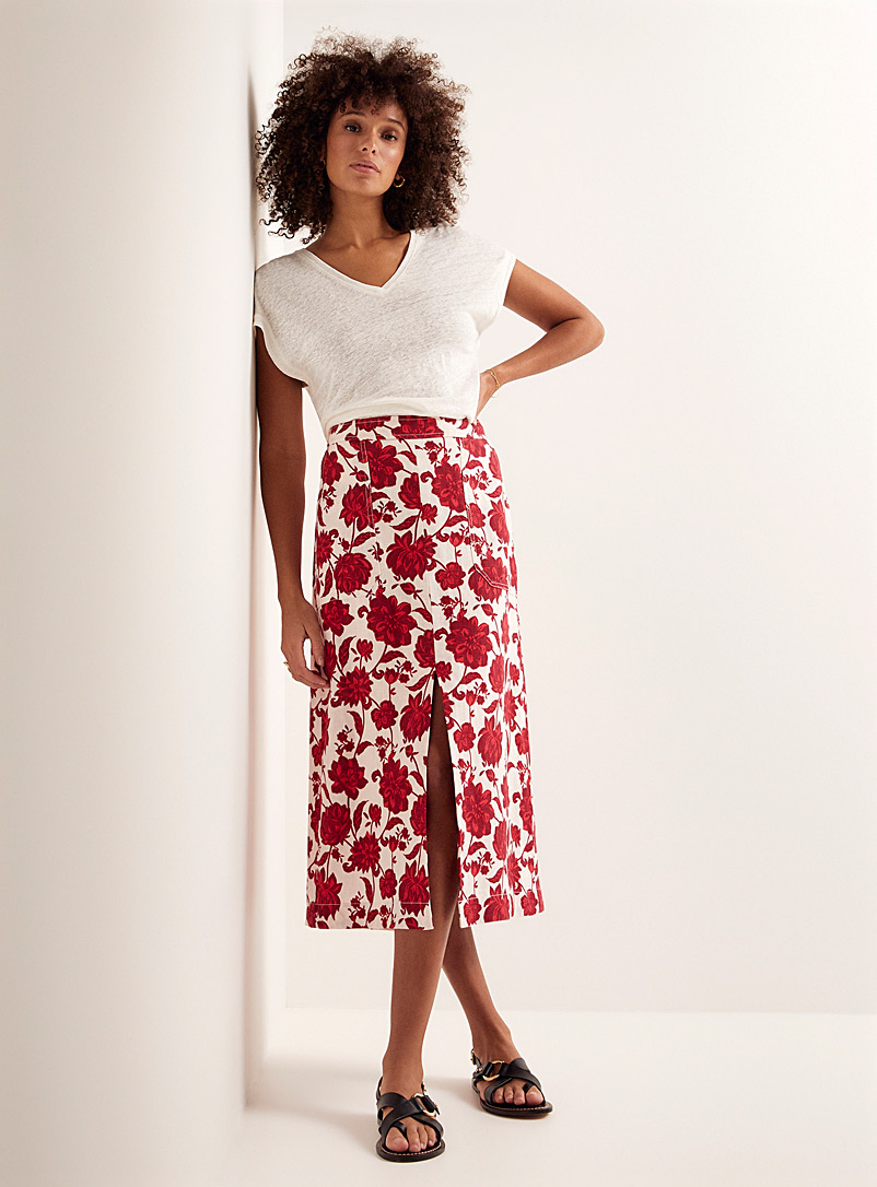 Contemporaine Patterned Red Organic linen midi skirt with slit for women
