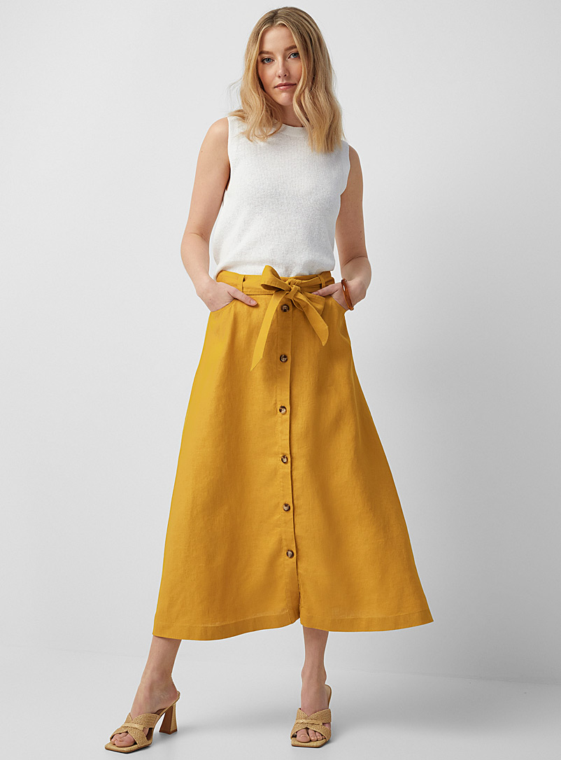 Contemporaine Golden Yellow Pure linen button-up skirt for women