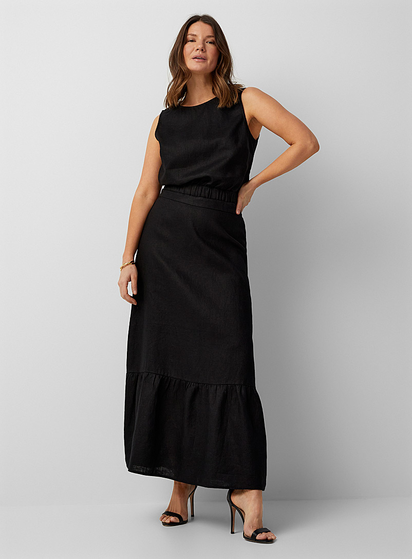 Contemporaine Black Organic linen ruffled maxi skirt for women
