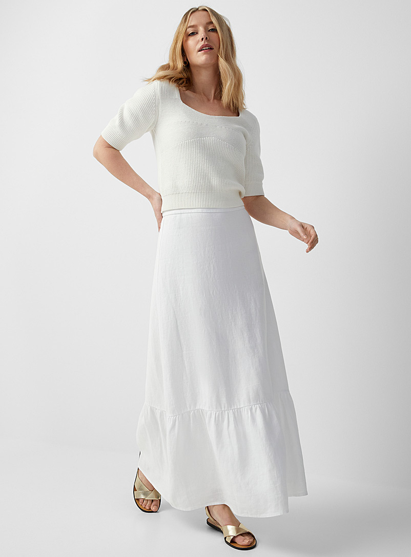 Contemporaine White Organic linen ruffled maxi skirt for women