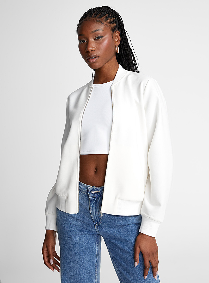 Icône Ivory White Thick crepe minimalist bomber jacket for women