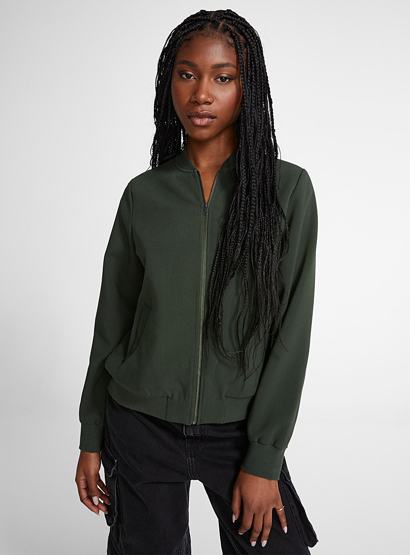 Icône Mossy Green Thick crepe minimalist bomber jacket for women
