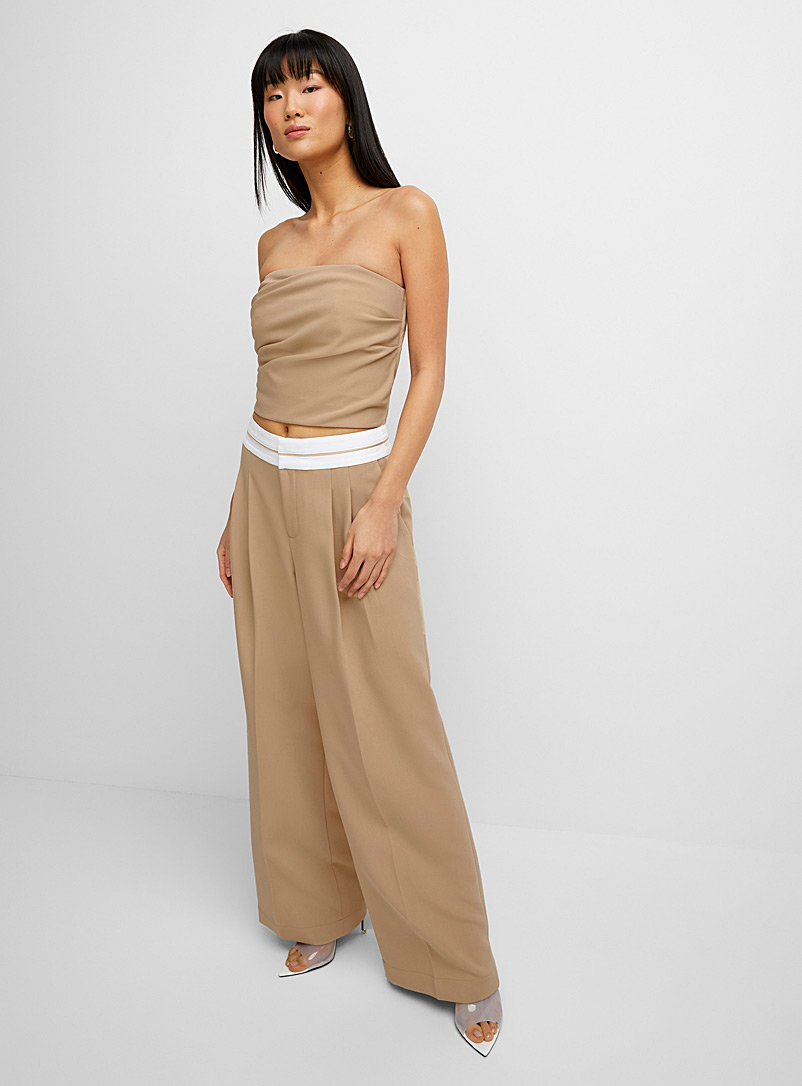 Icône Light Brown Foldover-waist thick crepe dress pant for women