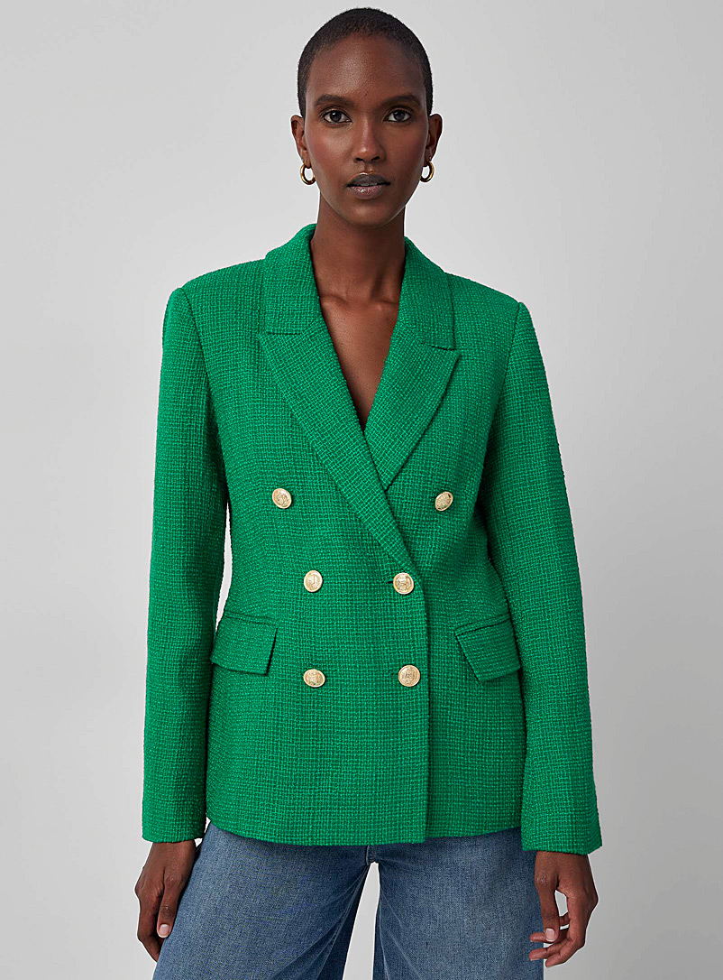 Contemporaine Emerald/Kelly Green Crest buttons tweed blazer for women
