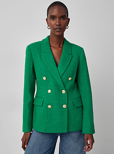 Contemporaine Kelly Green Crest buttons tweed blazer for women