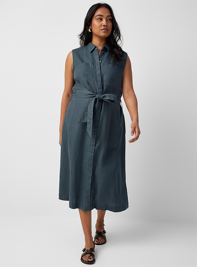 Contemporaine Grey Organic linen sleeveless shirtdress for women
