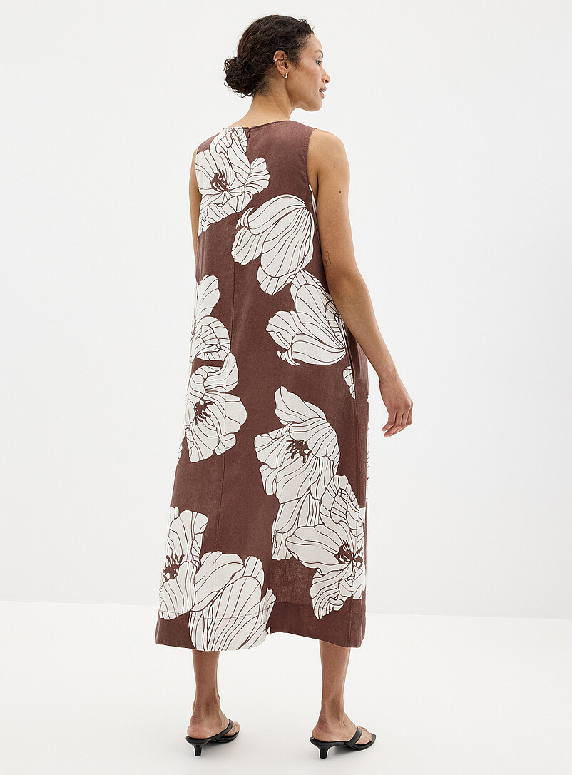 Contemporaine Patterned Brown Majestic flowers linen trapeze dress for women