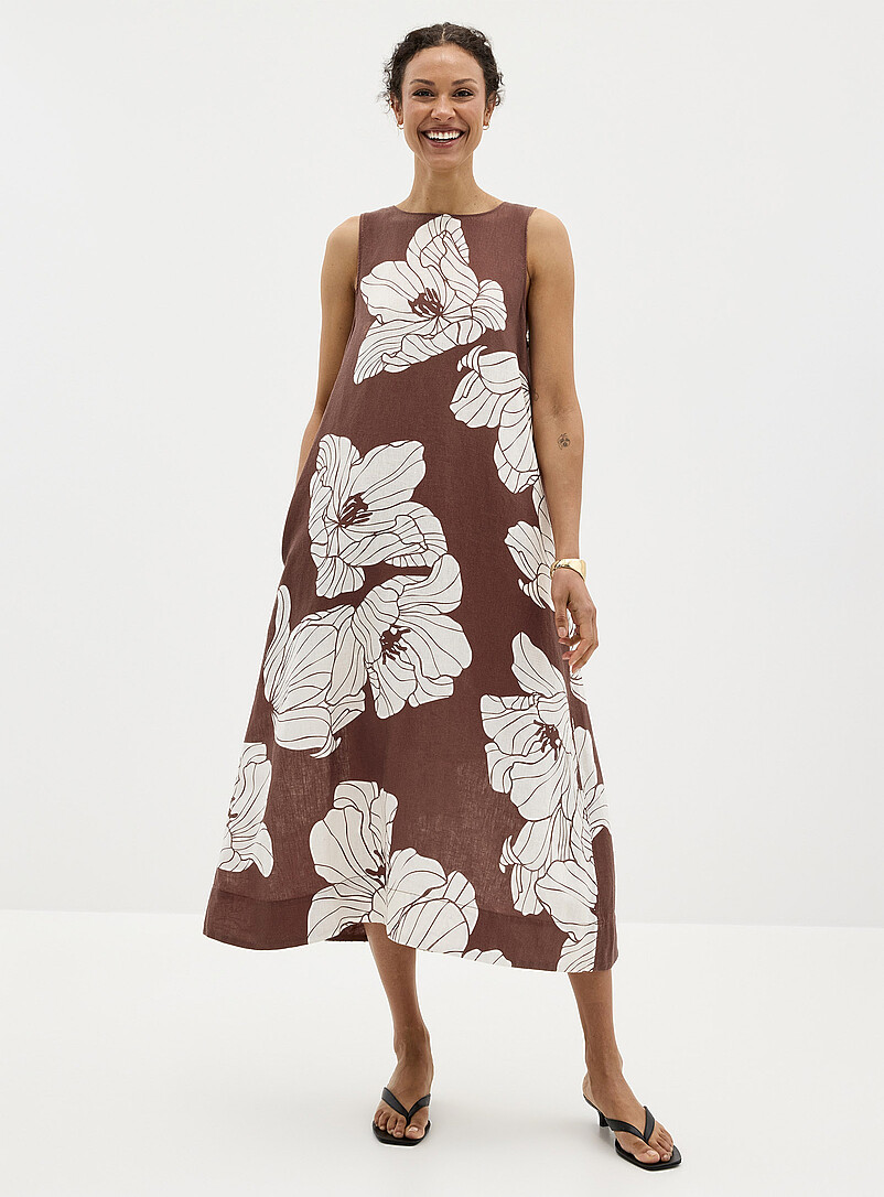 Contemporaine Patterned Brown Majestic flowers linen trapeze dress for women