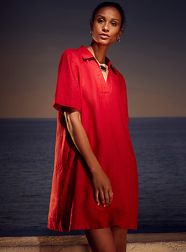 Contemporaine: La robe ample col Johnny pur lin Rouge pour femme