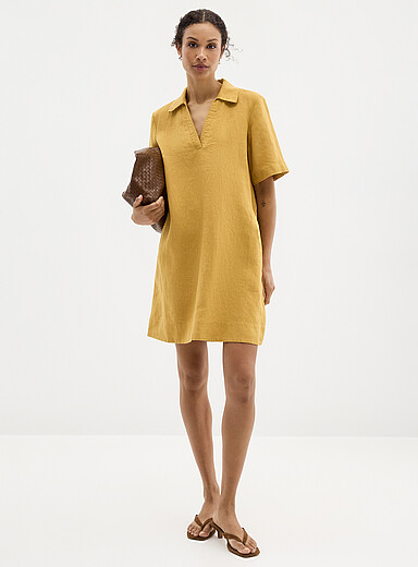 Contemporaine Sunflower Yellow Loose pure linen Johnny collar dress for women